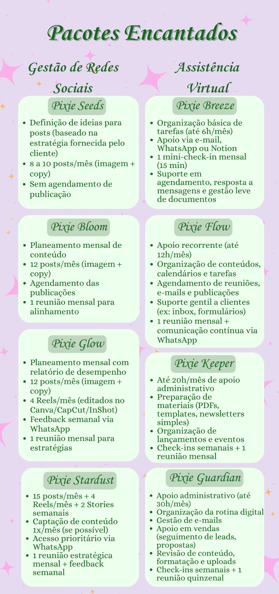 Tabela de Packs Social Pixie Van – assistência virtual e redes sociais